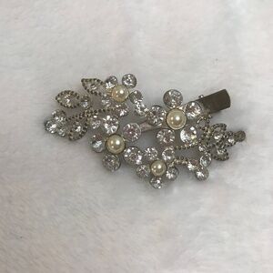 Clear Rhinestone and  Faux White Pearl Hair Clip Silver Toned Backing and Clip